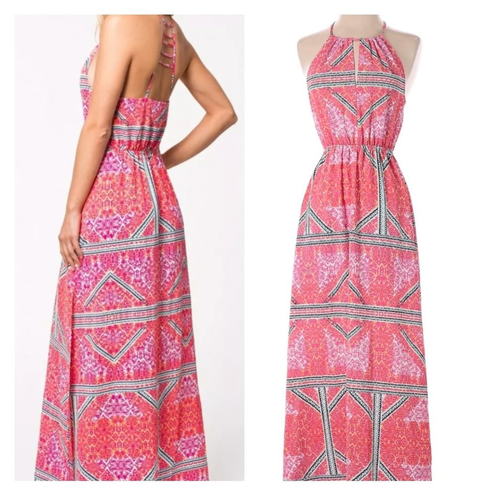 MinkPink Eastern Aztec Pink Print Maxi Dress Side Slits Sz M